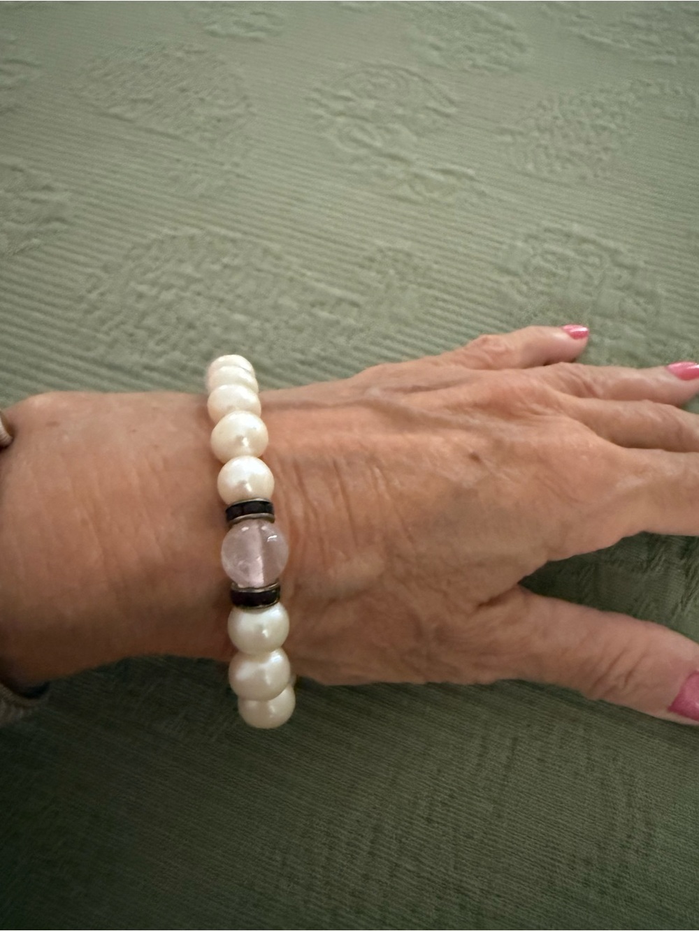 Ross-Simons White Pearl, Pink Rose Quartz & Purple CZ Stretch Bracelet - Picture 3 of 5